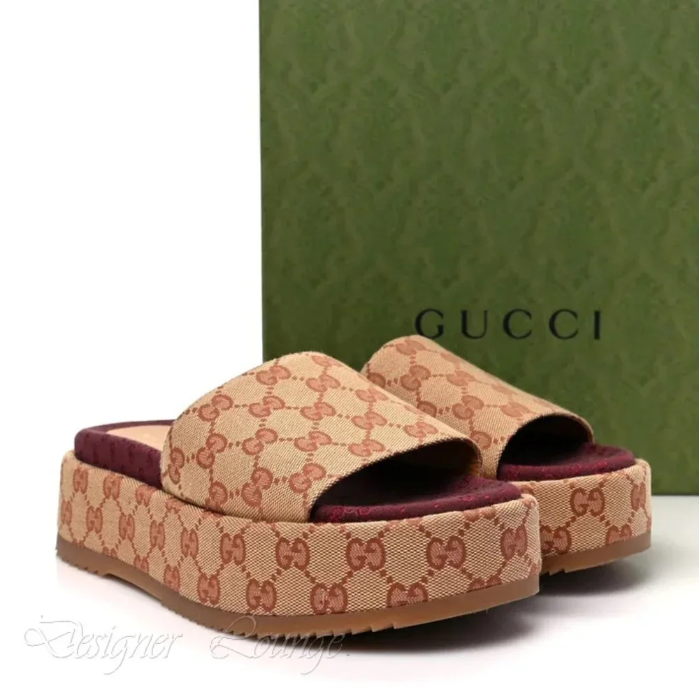NEW GUCCI Angelina GG Beige Monogram Platform Slide Sandals Size EU 41.5 US 11.5